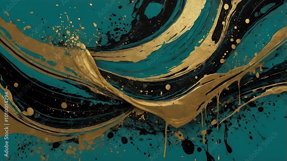 Poster abstract digital artwork featuring a dynamic composition with a flowing, ribbon like gold element th