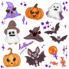 Adorable Halloween Cartoon Illustration – Featuring Bats, Ghosts, Pumpkins, and Witch Hat for Halloween Designs, Banners, Invitations, Posters, and Social Media Graphics – Fun and Cute Halloween Art
