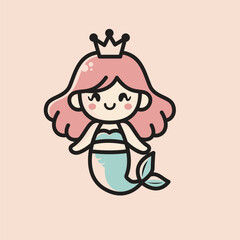 Cartoon Mermaid Princess with Pink Hair and Crown Kid logo deisgn