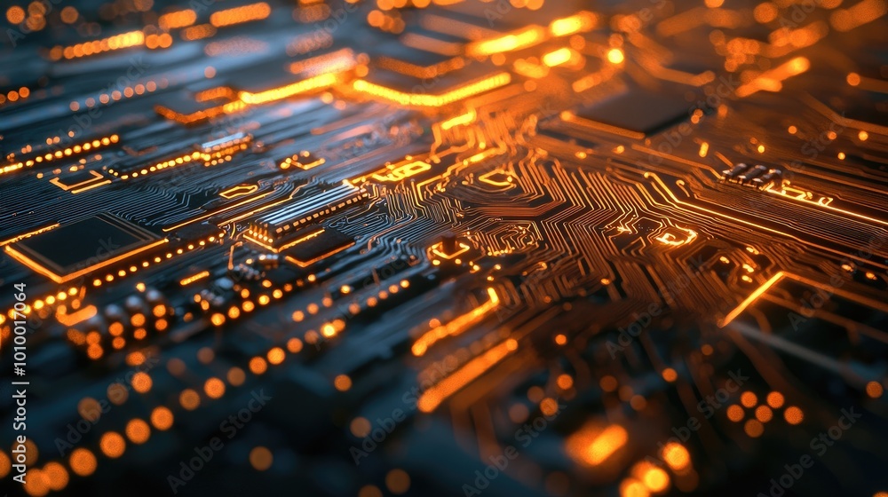 Poster close-up of glowing circuit board with intricate traces