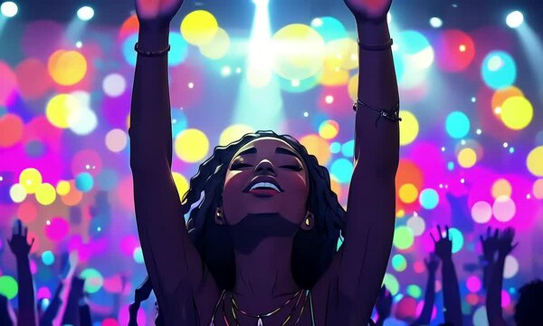 Joyful woman dancing at vibrant music festival illustration cartoon with ai generated.
