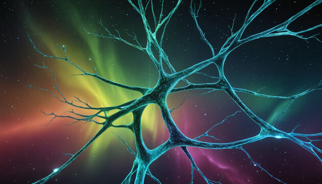 Neural connections, aurora, artificial intelligence, beautiful alien space visualization of a neural network,science and technology abstract art