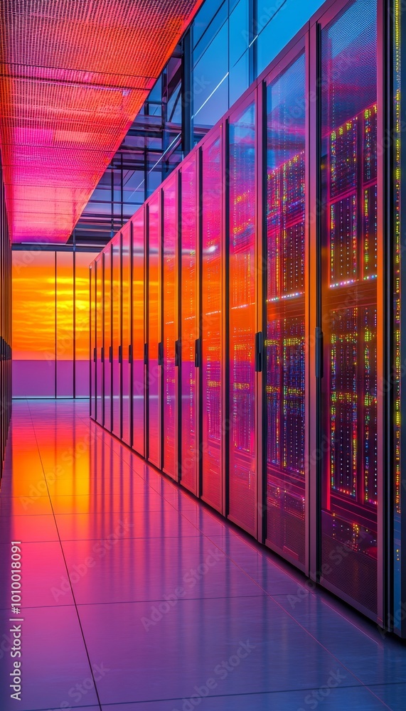 Poster modern data center with rows of server racks, colorful illumination, concept of technology.