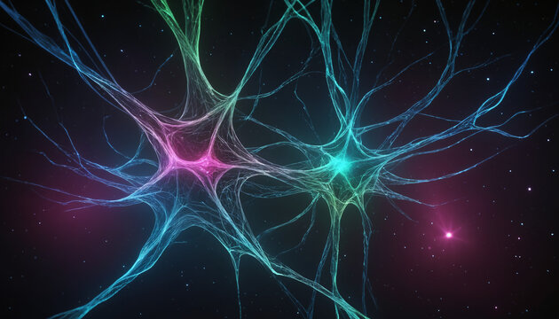 Neural connections, aurora, artificial intelligence, beautiful alien space visualization of a neural network,science and technology abstract art