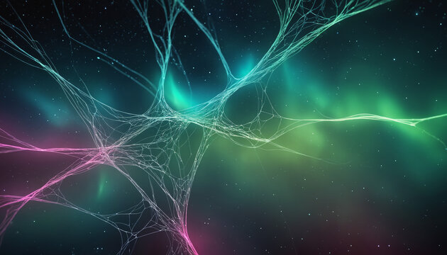 Neural connections, aurora, artificial intelligence, beautiful alien space visualization of a neural network,science and technology abstract art