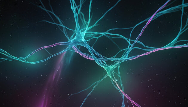 Neural connections, aurora, artificial intelligence, beautiful alien space visualization of a neural network,science and technology abstract art
