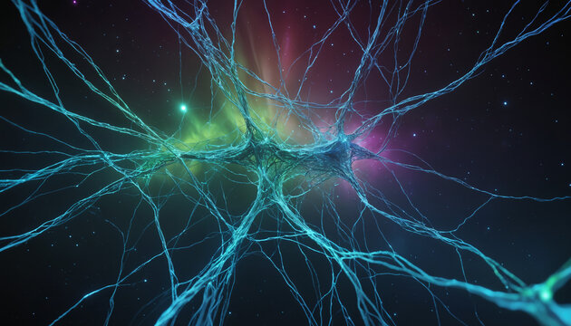 Neural connections, aurora, artificial intelligence, beautiful alien space visualization of a neural network,science and technology abstract art