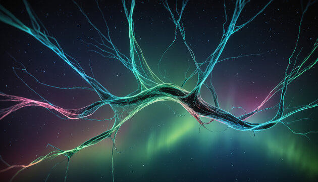 Neural connections, aurora, artificial intelligence, beautiful alien space visualization of a neural network,science and technology abstract art