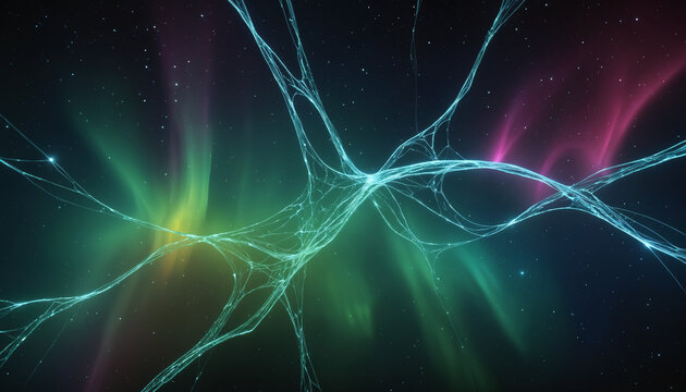 Neural connections, aurora, artificial intelligence, beautiful alien space visualization of a neural network,science and technology abstract art