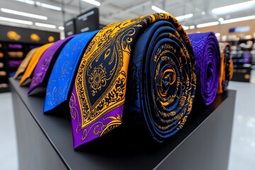 A beautiful display of Thai silk ties and scarves, arranged in a luxury boutique, their vibrant colors and intricate patterns standing out against the neutral background.