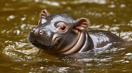 Fototapeta premium Adorable baby pygmy hippo showcasing its playful personality, with soft features and a rounded body. This charming young hippo represents the beauty of wildlife, 
