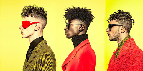 Diversity of young creative people, people  at solid yellow background, creativity, freedom and uniqueness concept 