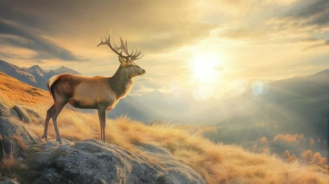 a deer standing on a cliff in a beautiful morning. seamless looping time-lapse virtual 4k video Animation Background.	