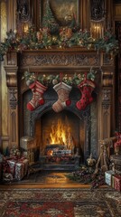 Fototapeta premium Warm rustic fireplace with festive garlands and stockings for christmas and new year decor