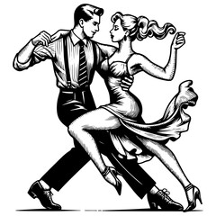 Fototapeta premium Elegant couple dancing in vintage black-and-white illustration. Vector, generative ai.