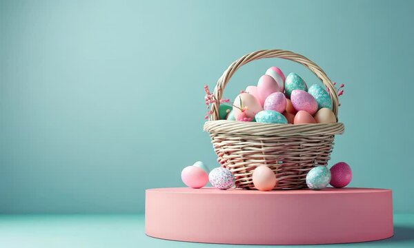 Overflowing Easter basket full of colorful eggs on a bright spring day
