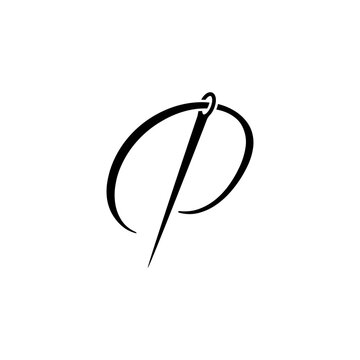 script letter initial p with sewing needle logo