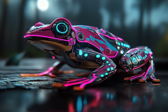A brightly colored robotic frog in a futuristic rainforest, blending natural and mechanical elements with glowing patterns and cybernetic features.