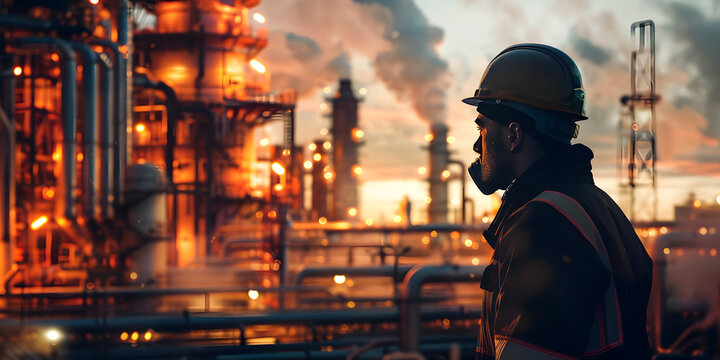 Imagen horizontal de un hombre trabajador con casco mirando a un refiner&iacute;a de fondo