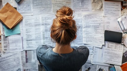 Naklejka premium Overwhelmed non-profit employee surrounded by grant applications, donor records, and event planning materials