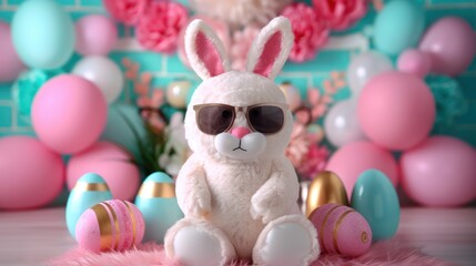 Happy Easter Greetings with Cool Bunny and Golden Eggs