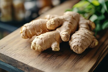 Fototapeta premium Fresh Ginger Root on Wooden Cutting Board