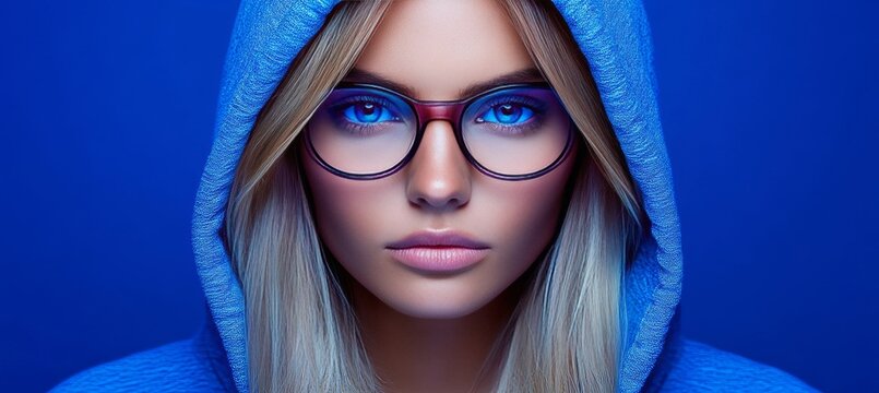 Portrait Of A Blonde Female Programmer In Hoodie Looking At Camera. Blue Background With Gradient