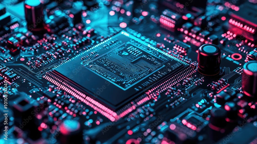 Poster close-up of a circuit board with a microchip and neon lighting