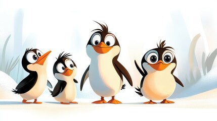 Naklejka premium An adorable animated penguin family stands close together in a chilly wilderness, showcasing a beautiful representation of unity, love, and the essence of togetherness.