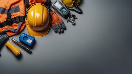 construction helmet with tools and tools on black background