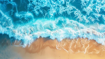 Naklejka premium An aerial perspective of blue sea waves gently flowing to meet the golden sandy beach, exhibiting a peaceful yet energetic natural symphony of the coast.