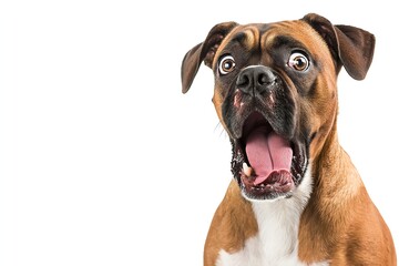 Obraz premium Close-up Of A Angry And Surprised Boxer Dog Isolated On White Background With A Funny And Excited Expression, Dog Portrait