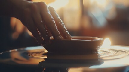 Potter working on a wheel, leveling the surface of a vase, studio setting