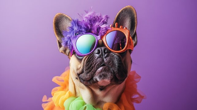 Adorable dog dressed in a festive costume for a carnival party, showcasing a playful and funny puppy enjoying Halloween. This image captures the essence of humanized animals, perfect for celebrating 