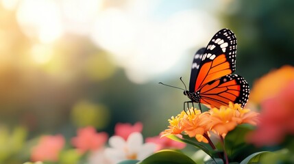 Fototapeta premium A striking side view of a monarch butterfly resting on orange flowers, captured in bright lighting and vivid colors, symbolizing beauty and the wonders of nature.
