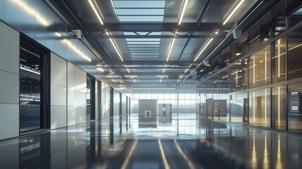 Obraz premium Sleek and Modern Office Hallway with Bright Architectural Design