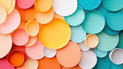 An array of overlapping colorful circles in orange, yellow, teal, and more, artistically displayed as a vibrant and energetic wall art design, exuding joy.