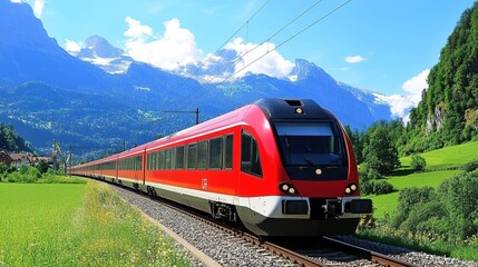 Obraz premium Sleek electric train speeding through a scenic landscape, showcasing modern transportation technology and the beauty of rail travel. Ideal for showcasing innovation in transit, travel articles,