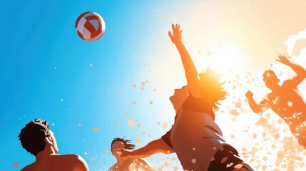 Silhouettes of players engaged in a volleyball game against a bright, sunlit sky, capturing the dynamic energy and camaraderie of outdoor sports activities.