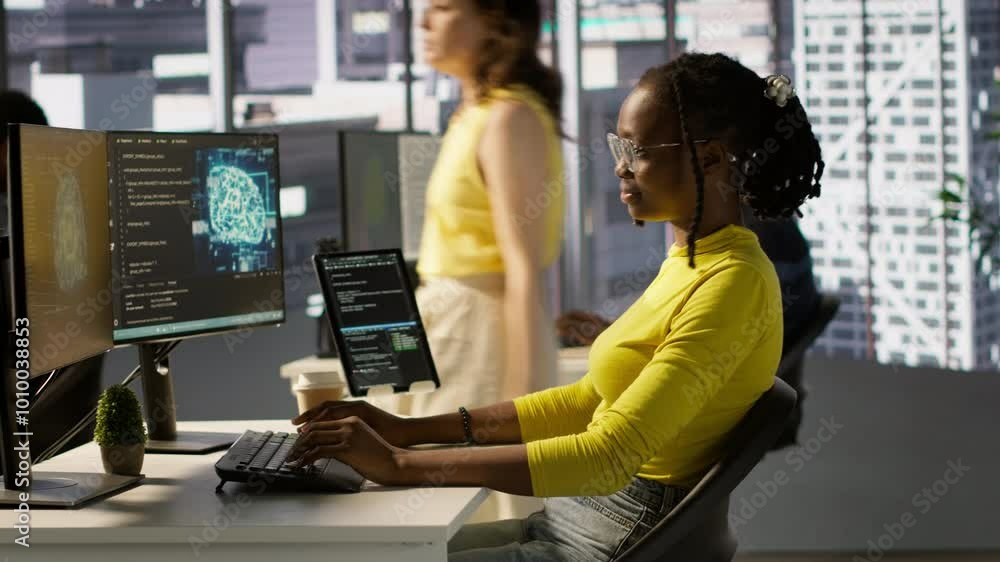 Poster computer scientist testing ai company software, identifying errors in machine learning tech. african