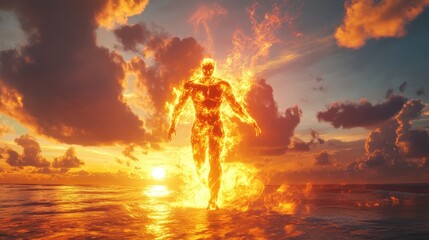 Fototapeta premium A Flaming Human Figure Standing in a Sunset Sea