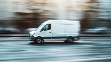 Obraz premium A white van is driving down a street. The van is moving quickly and is the only vehicle on the road