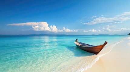 Obraz premium A peaceful boat drifting in clear blue waters, with soft waves lapping against a beautiful white sand beach on a sunny day
