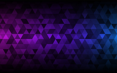 Triangle background. Neon techno texture. Purple and blue light effect. Futuristic triangular wallpaper. Digital geometric design. Cyberpunk poster template. Vector illustration.