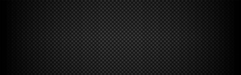 Carbon wide background. Black fiber texture with soft light. Dark metal surface with cells. Industrial plate template. Futuristic steel sheet. Modern technology wallpaper. Vector illustration.