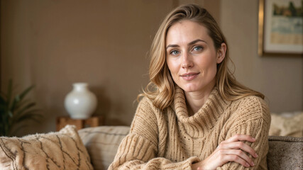Naklejka premium Young woman with long hair wearing a cozy sweater sitting on couch
