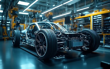 Fototapeta premium Electric Car Chassis Assembly Area with Robotic Systems Aligning Key Components