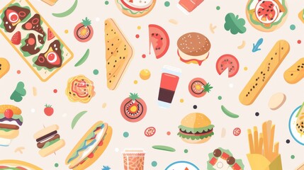 Background pattern image for web page, pop and bright, image of food and drink, various dishes, some fast food, 