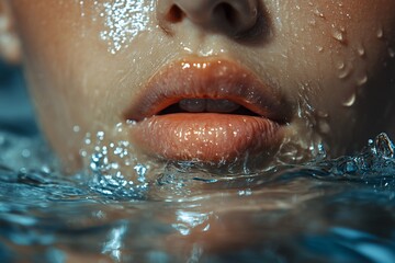 Obraz premium Close up of woman's mouth emerging from water with water droplets.
