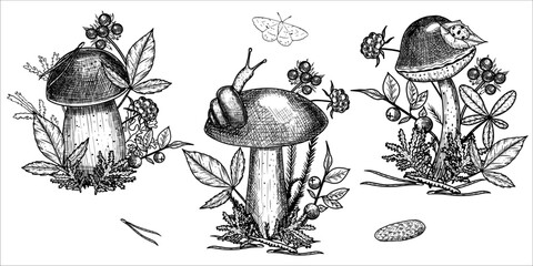 Hand draw mushrooms with acorns, pine cone, moss, berries, snail. Vector illustration